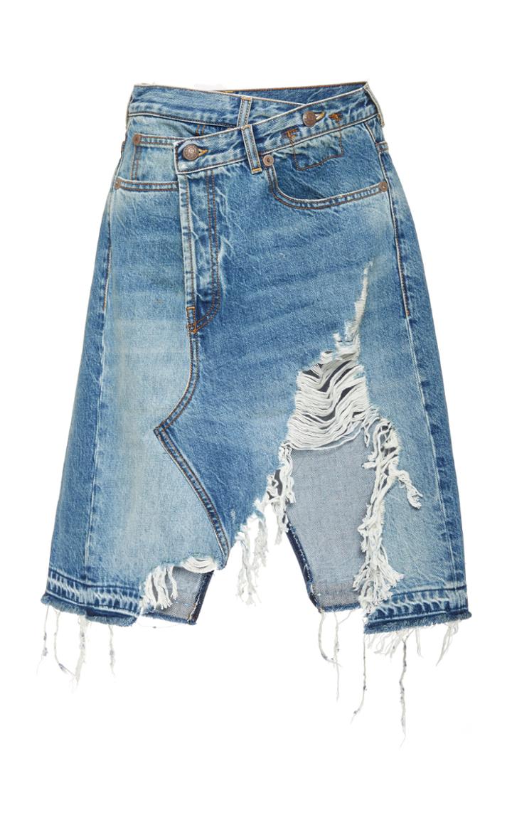 R13 Norbury Asymmetric Distressed Denim Midi Skirt
