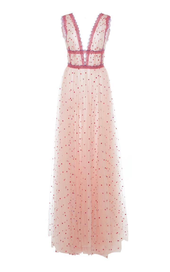 Costarellos Dot Tulle Overlay Gown