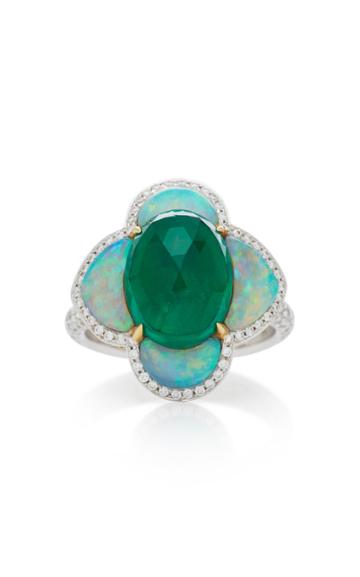 Saboo 18k White Gold Emerald Tsavorite Opal And Diamond Ring