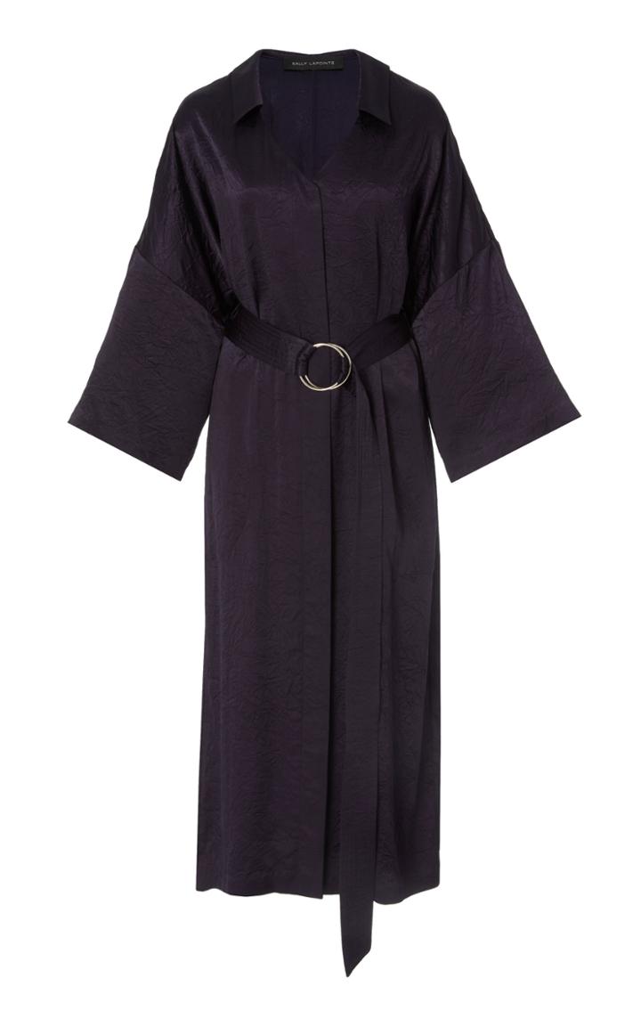 Sally Lapointe Belted Crinkle-effect Satin Shirt Dress