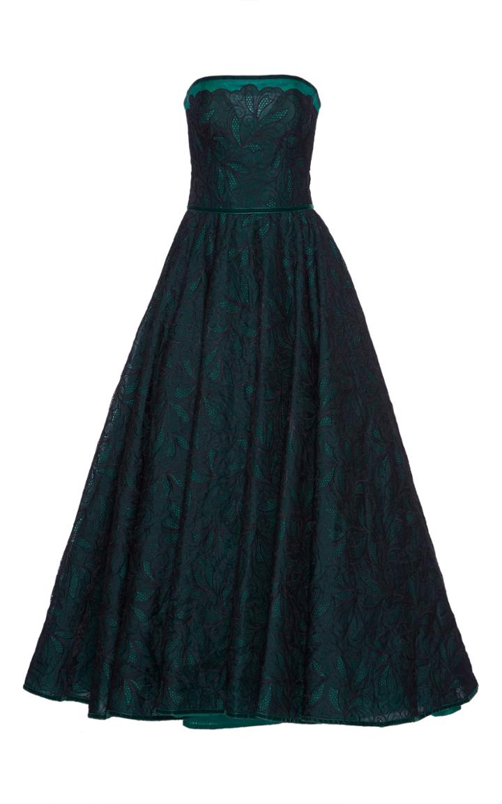 Costarellos Floral Embroidered Strapless Gown