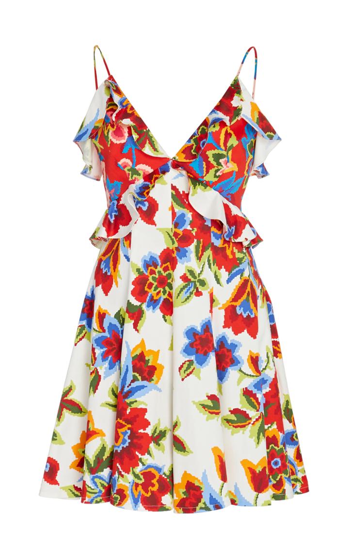 Carolina Herrera Floral Print Cotton Blend Ruffle Dress