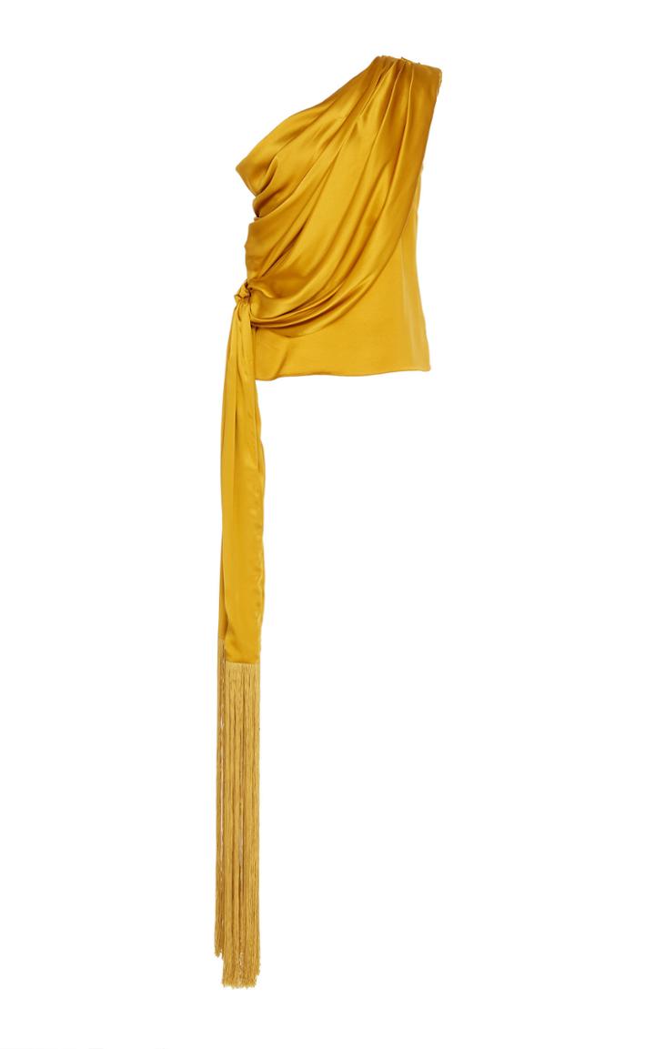 Semsem One Shoulder Silk Drape Fringe Top