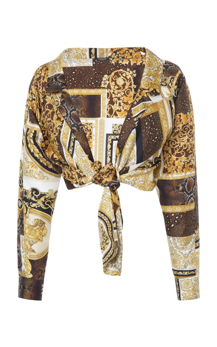 Moda Operandi Versace Cropped Patchwork-print Silk Twill Tie-front Shirt