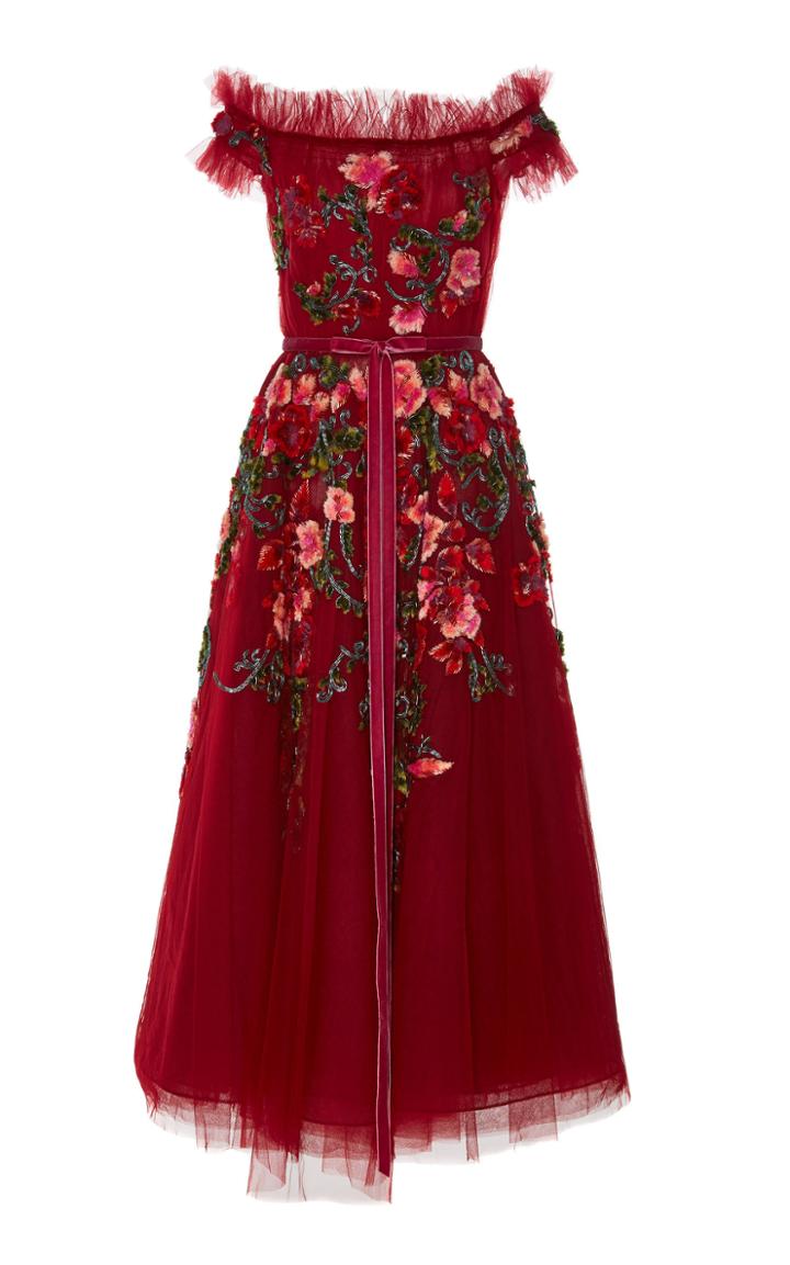 Marchesa Off The Shoulder Tea Length Gown