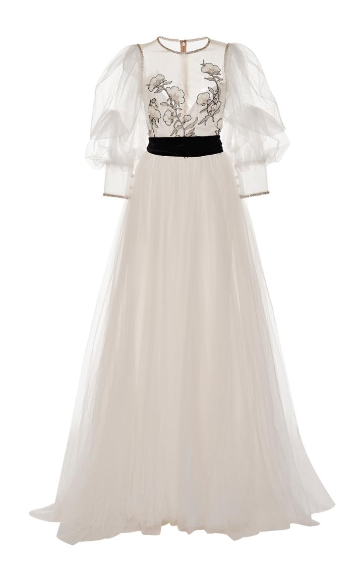 Monique Lhuillier Puff Sleeve Shirred A-line Gown