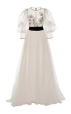 Monique Lhuillier Puff Sleeve Shirred A-line Gown
