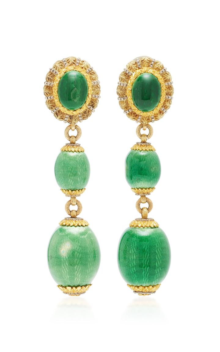 Mahnaz Collection One-of-a-kind 18k Gold And Green Guilloch Enamel Drop Earrings By Cazzaniga C.1960