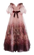 Marchesa Floral Print Puffed Sleeve Chiffon Gown
