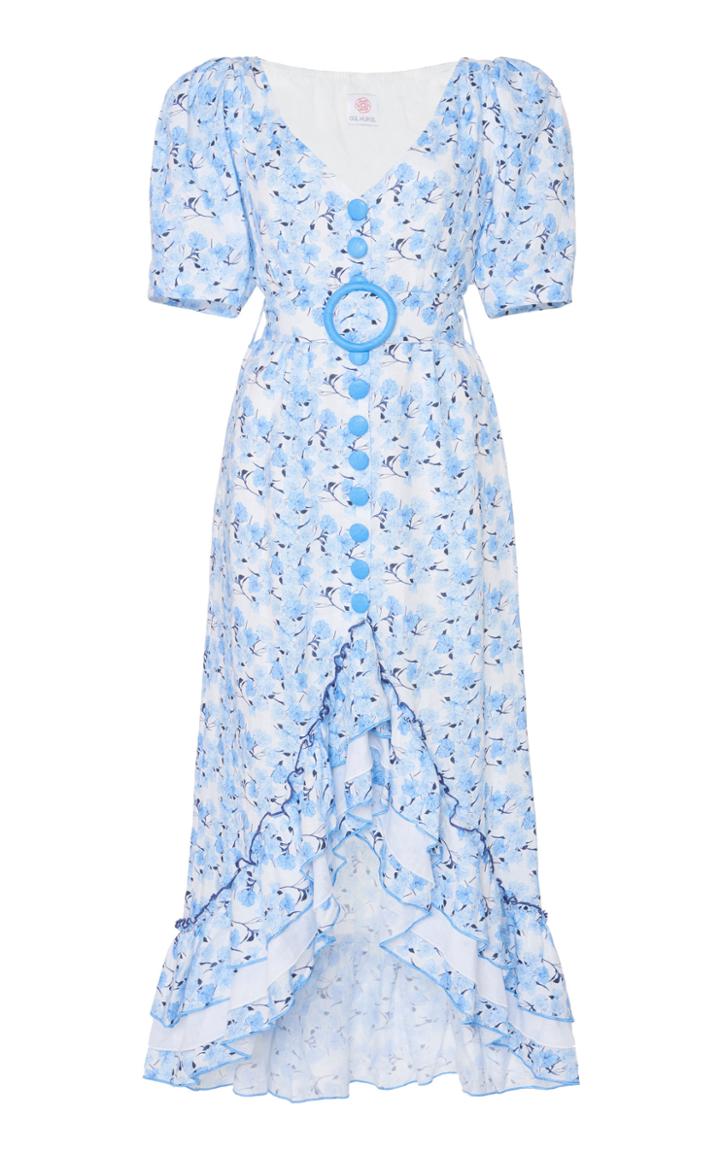 Gl Hrgel Ruffled Floral Linen Midi Dress