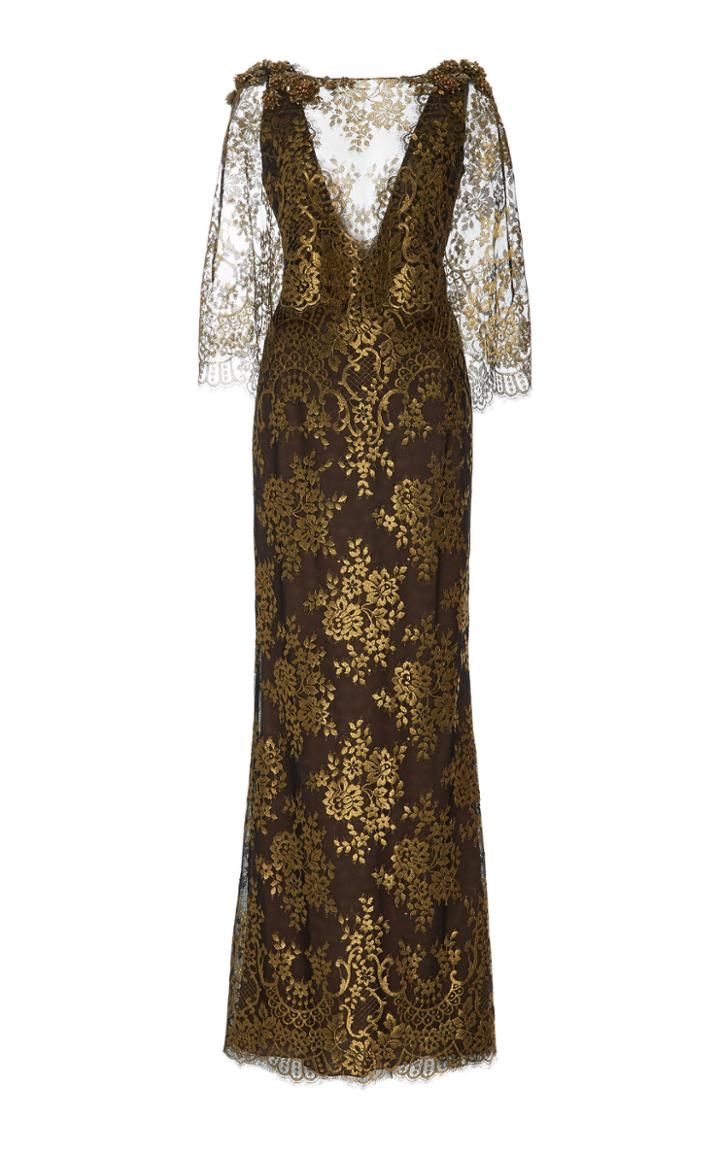 Marchesa Chantilly Lace Gown With Cape