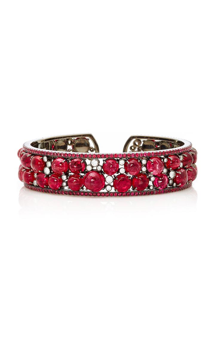 Martin Katz Two Row Red Spinel Cabochon And Diamond Bangle