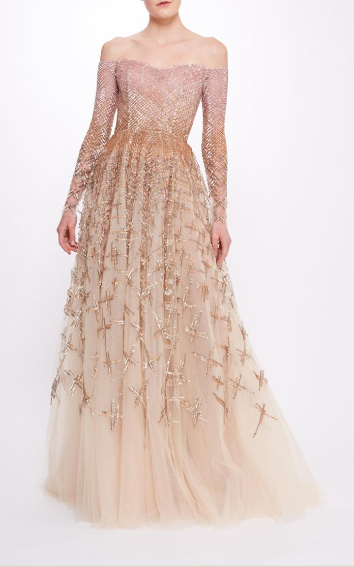 Moda Operandi Pamella Roland Cross Hatch Sequin And Off The Shoulder Gown