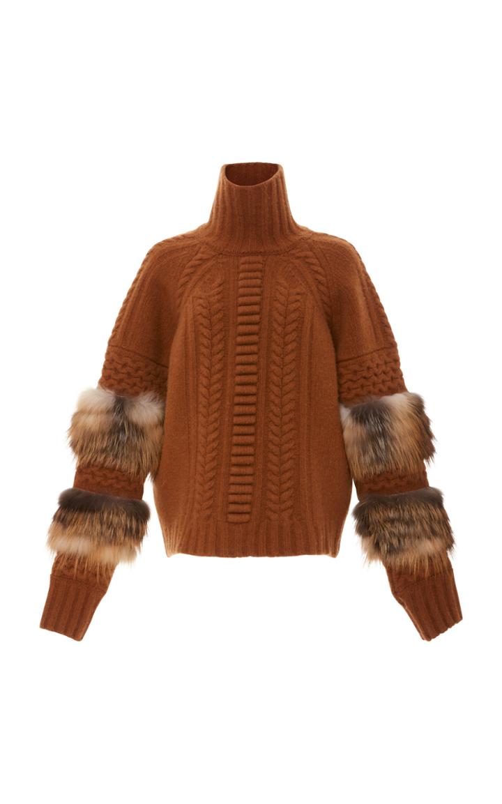 Sally Lapointe Felted Cable Sweater With Fox Fur