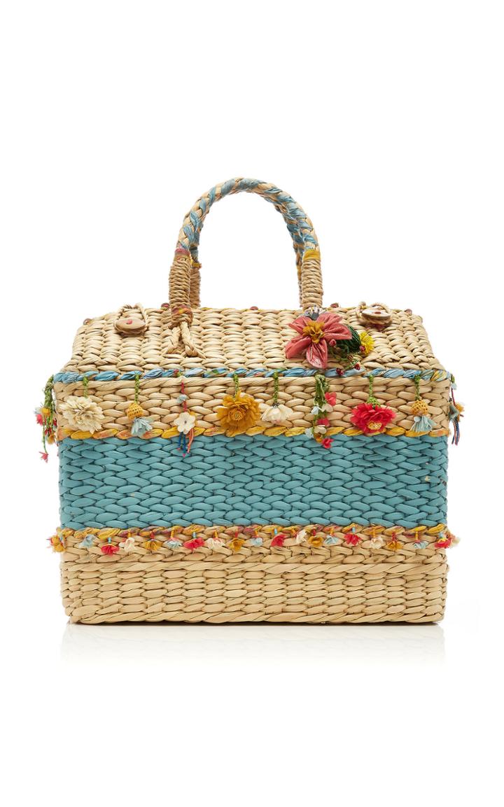 Pro Striped Straw Basket Bag With Floral Accents