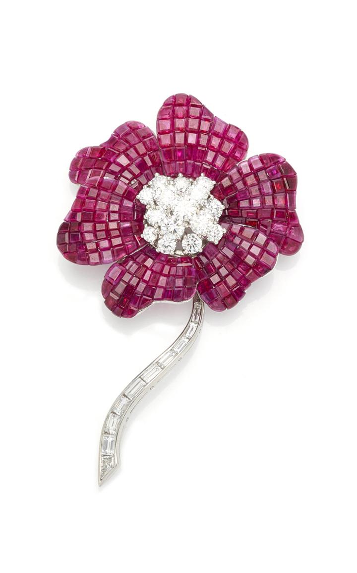 Moda Operandi Oscar Heyman Invisibly Set Ruby Flower Brooch