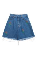 Ksenia Schnaider Floral Embroidered Medium Wash Denim Shorts