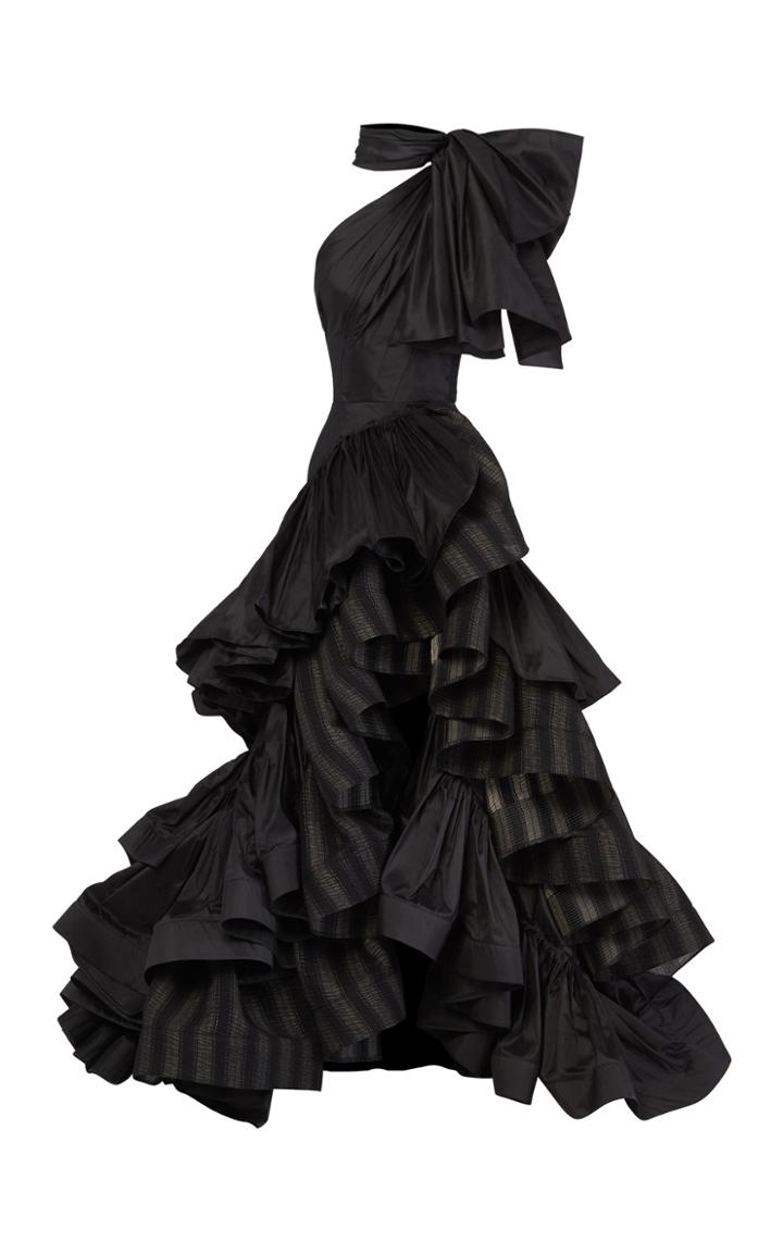 Maticevski Professed Bow-embellished Ruffled Striped Linen Gown