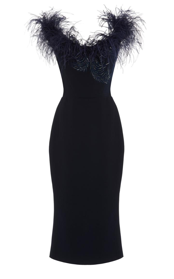 Marchesa Off The Shoulder Ostrich Feather Midi Dress