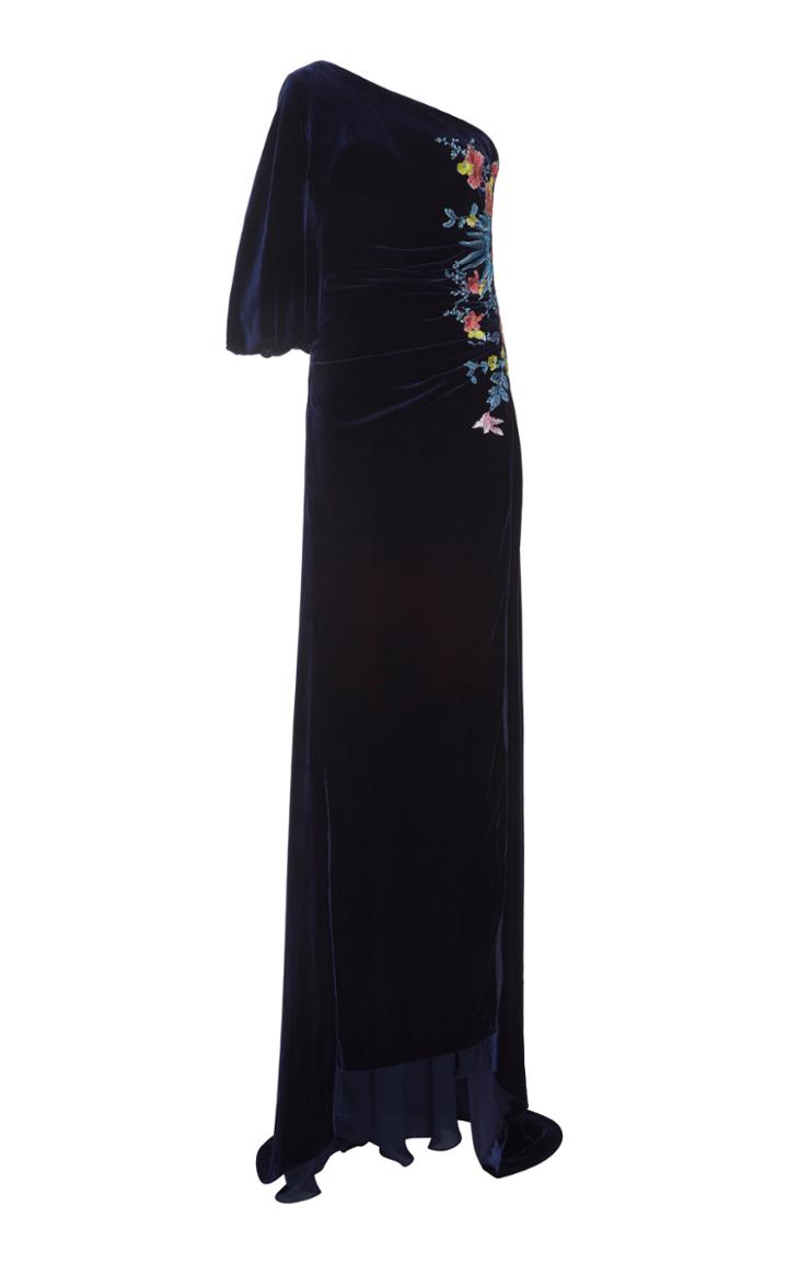 Costarellos Silk Velvet Embroidered One-shoulder Dress