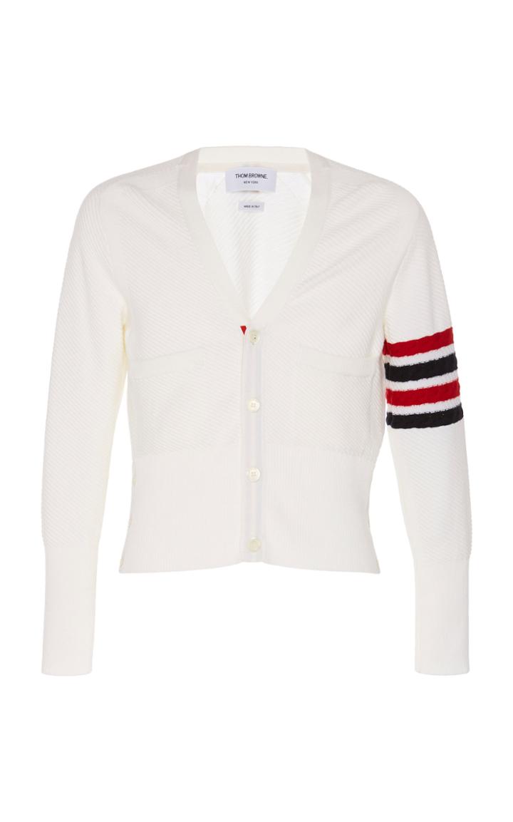 Thom Browne Diagonal Stitch Saddle Sleeve Classic V Neck Cardigan