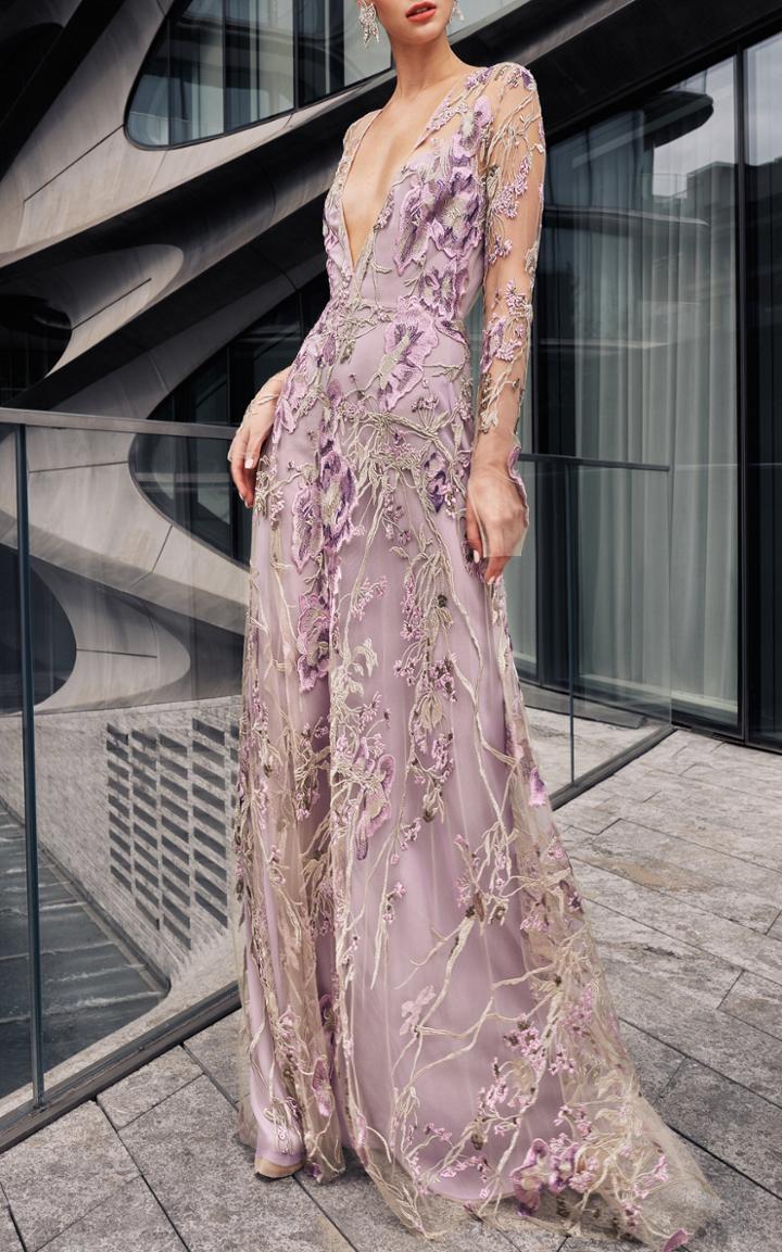 Moda Operandi Naeem Khan Floral Metallic Lace Gown