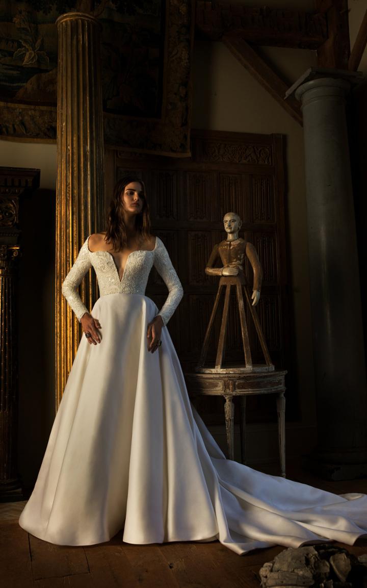 Isabelle Armstrong Arlette Satin Organza Ball Gown With Embroidered Long Sleeves