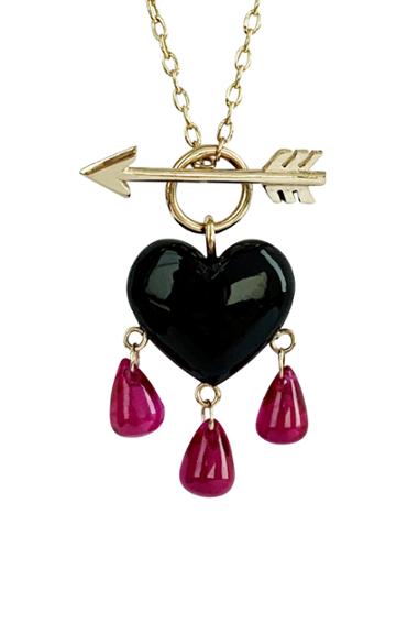 Rachel Quinn Bleeding Heart 14k Gold, Onyx And Ruby Necklace