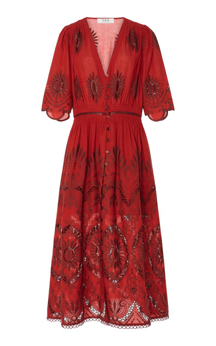 Sea Three Quarter Sleeves Smocked Dress