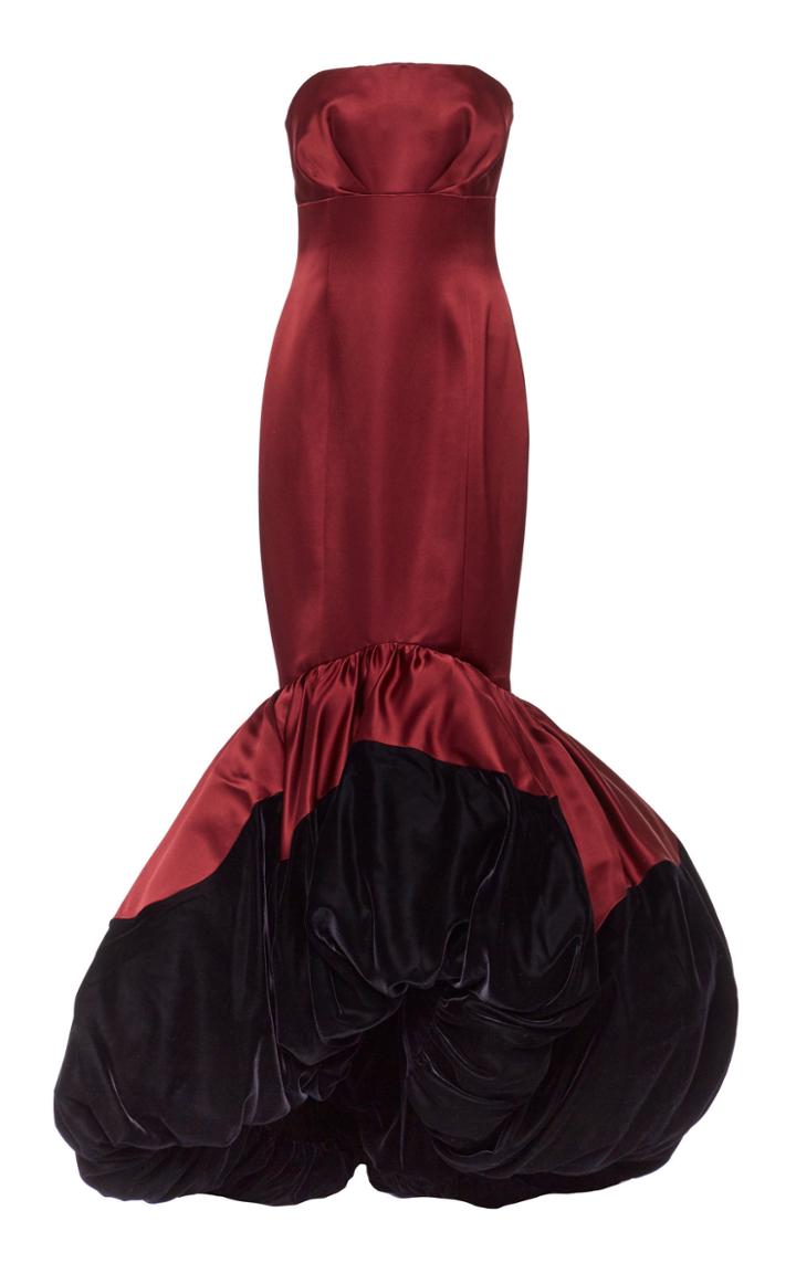 Elizabeth Kennedy Satin Strapless Fitted Gown With Velvet Bubble Skirt