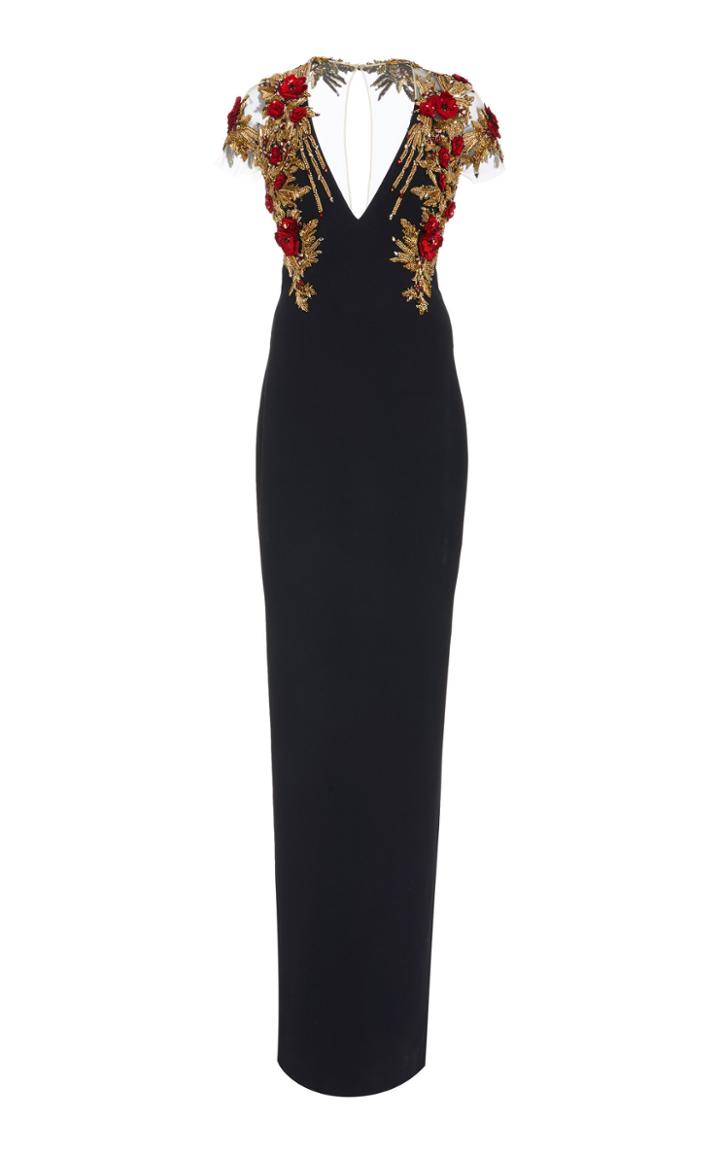 Pamella Roland Floral Embroidered Crepe Gown