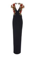 Pamella Roland Floral Embroidered Crepe Gown