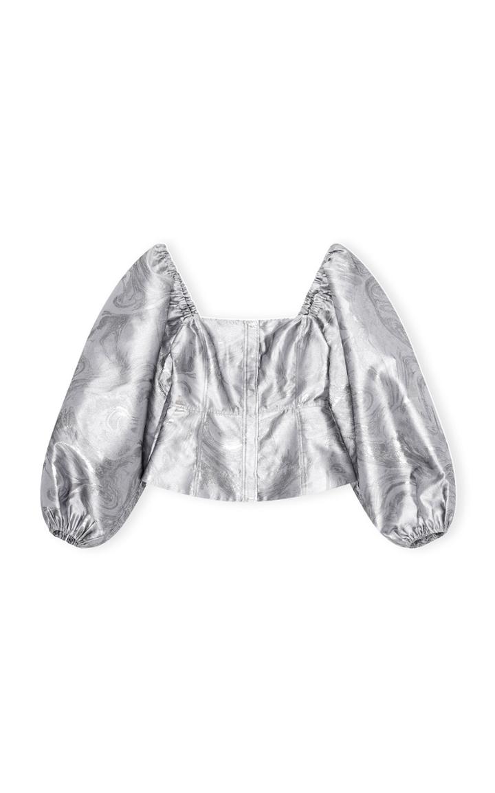Moda Operandi Ganni Shiny Jacquard Puff Sleeve Top
