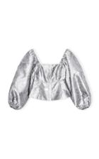 Moda Operandi Ganni Shiny Jacquard Puff Sleeve Top