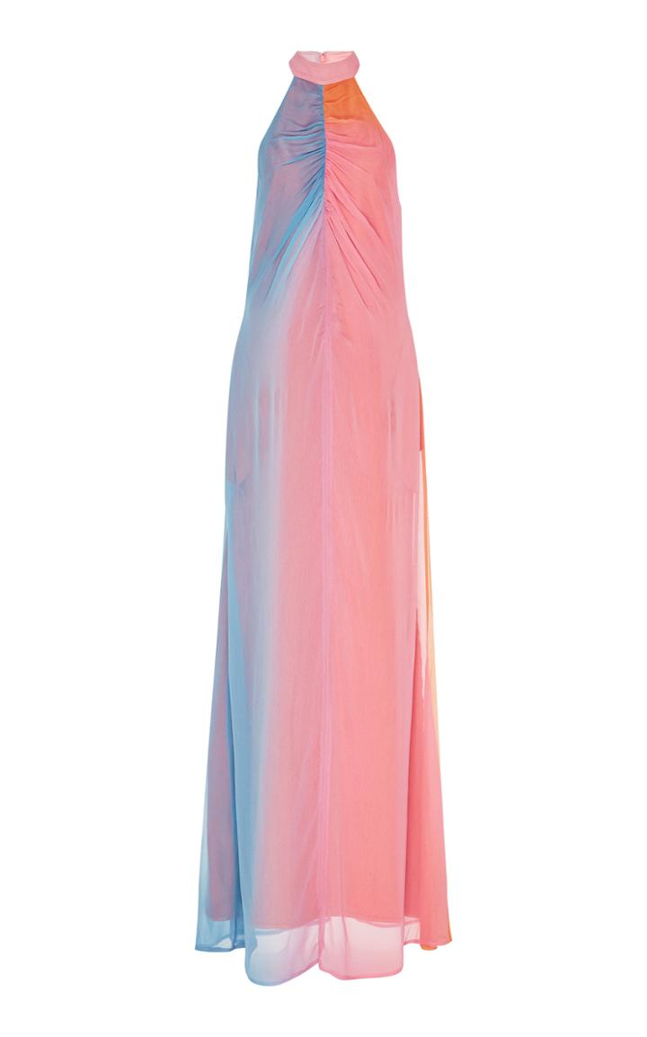 Staud Coastal Ruched Ombr Georgette Halter Gown