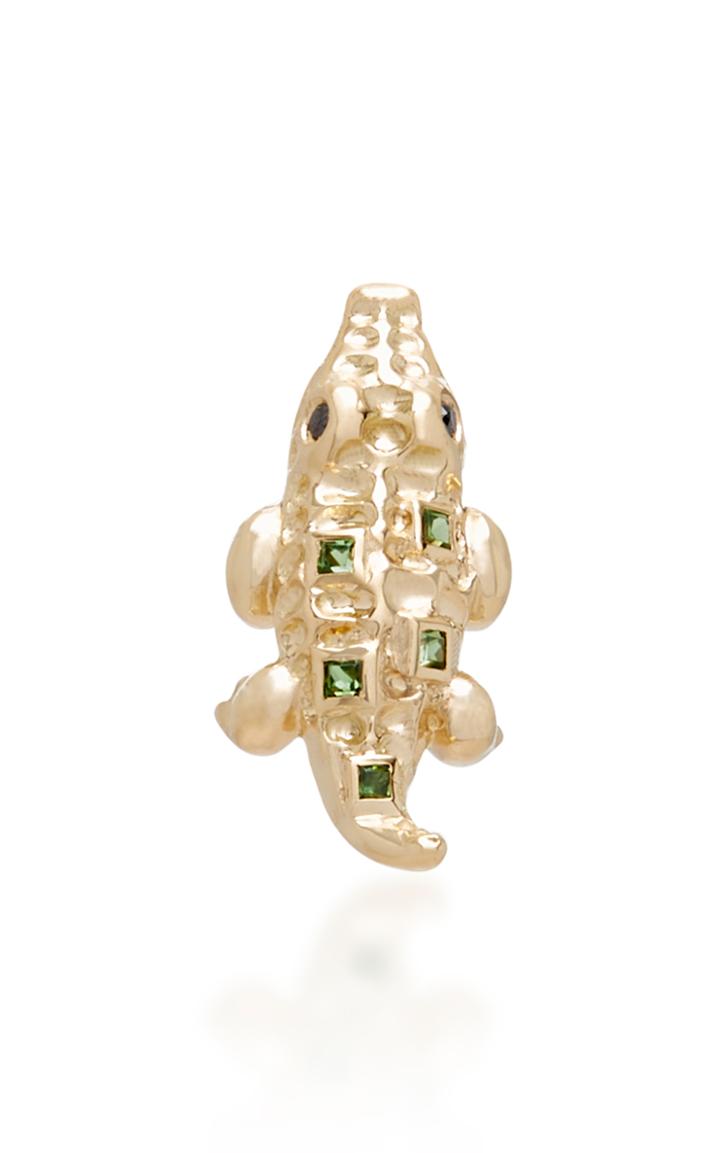 Yvonne Leon Mini Crocodile 18k Gold Tsavorites And Black Diamond Single Earring