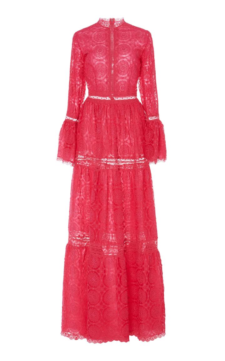 Costarellos Bell Sleeve Embroidered Tulle Gown