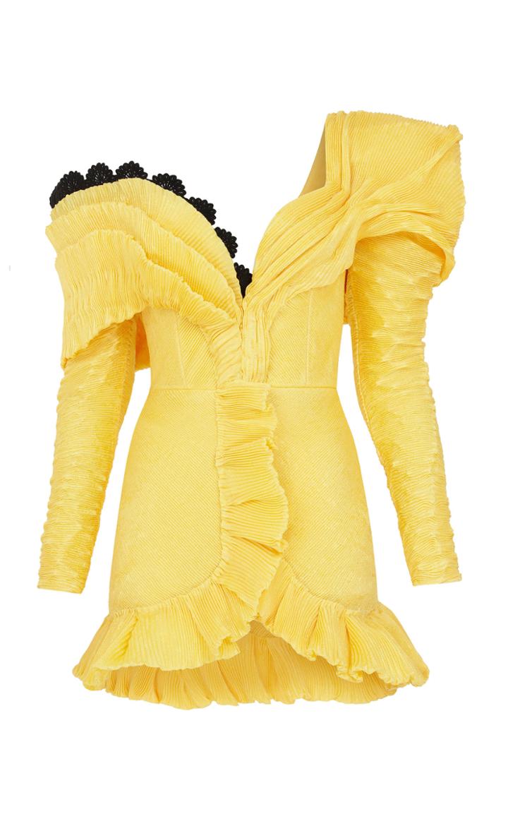 Raisa Vanessa Yellow One Shouldered Mini Dress With Ruffles