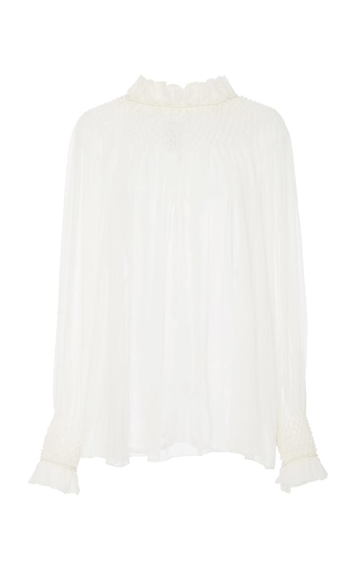 Monique Lhuillier Pearl Embroidered Peasant Sleeve Blouse