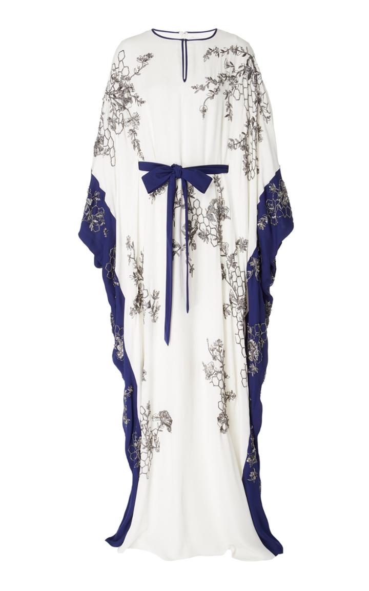 Marchesa Moda Exclusive Metallic Embroidered Silk Georgette Caftan With Self Tie Belt