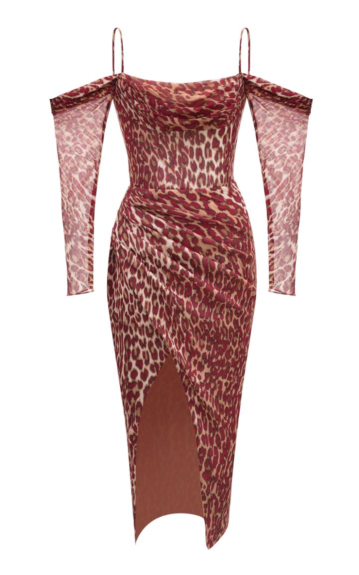Rasario Cold Shoulder Leopard-print Chiffon Corset Midi Dress