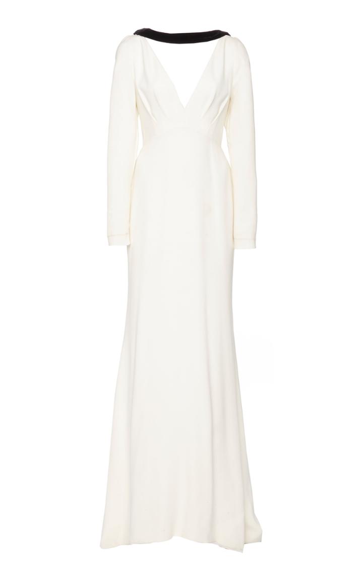 Elizabeth Kennedy Long Sleeve V-neck Crepe Gown With Velvet Bow Train