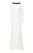 Elizabeth Kennedy Long Sleeve V-neck Crepe Gown With Velvet Bow Train