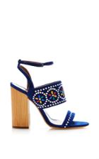 Tabitha Simmons Navy Blaze Sandal With Beaded Appliqu And Chunky Heel