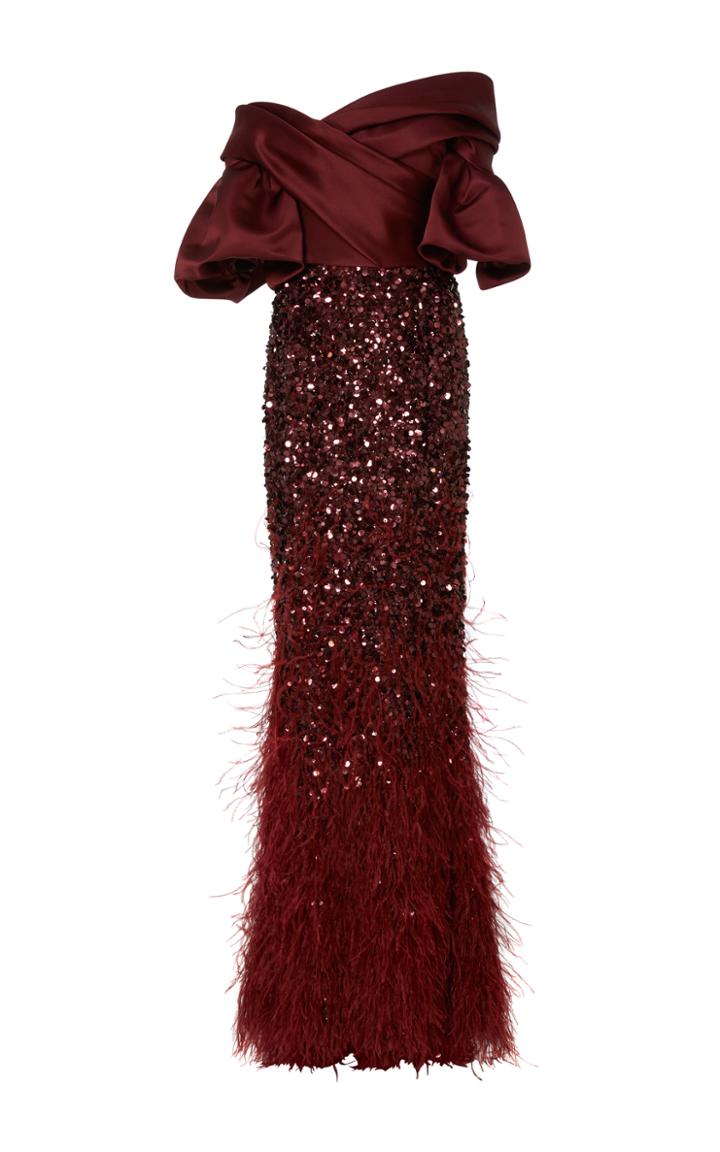 Elizabeth Kennedy Off The Shoulder Gown With Feather Embroidery