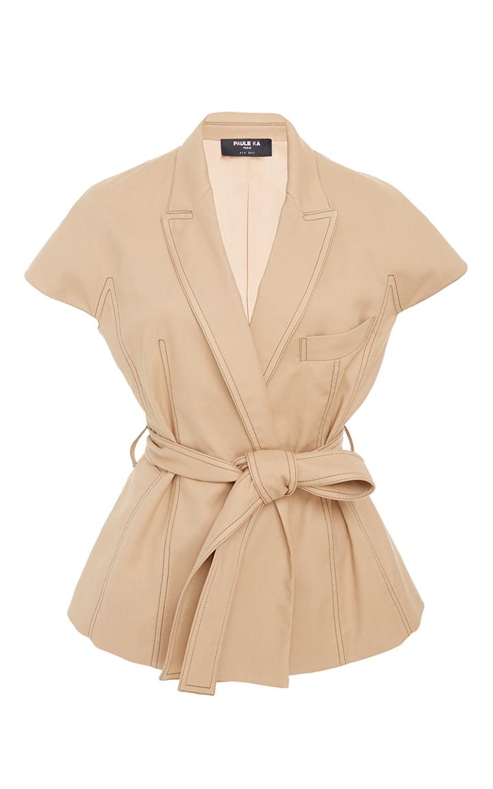 Paule Ka Cotton Tricotine Short Sleeve Jacket With Top Stitch And Self Belt