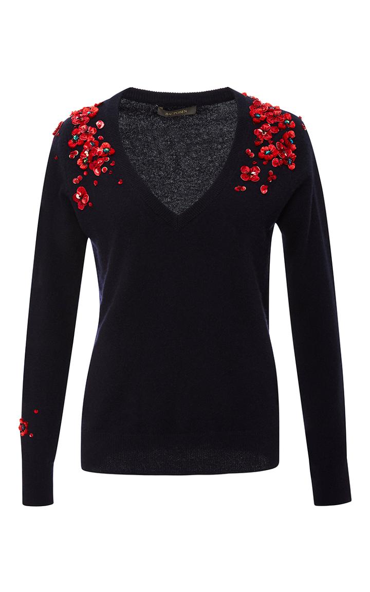 Zac Posen Cotton Cashmere Embroidered V-neck Sweater