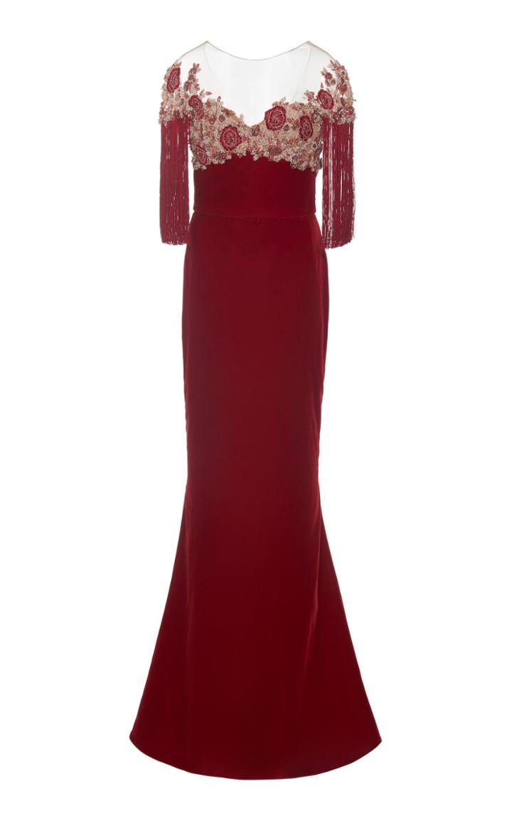 Marchesa Embroidered Velvet Column Gown
