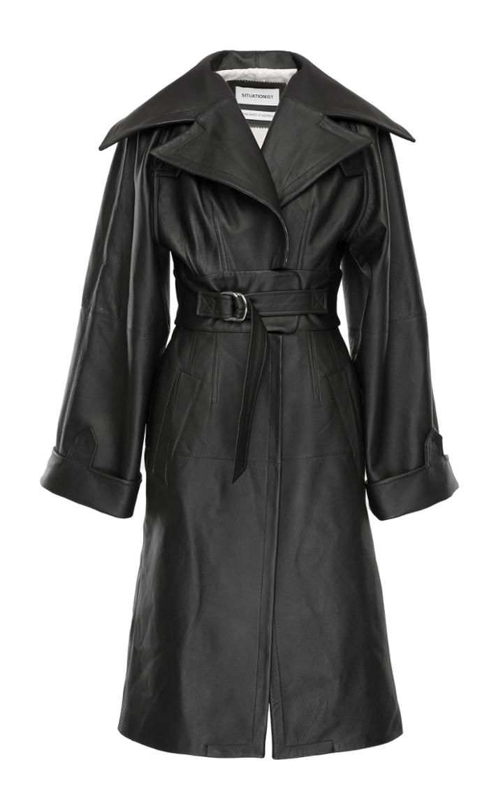 Situationist Collared Belted Leather Trench Coat