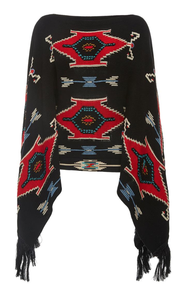 Ralph Lauren Intarsia-knit Fringed Silk Poncho Sweater